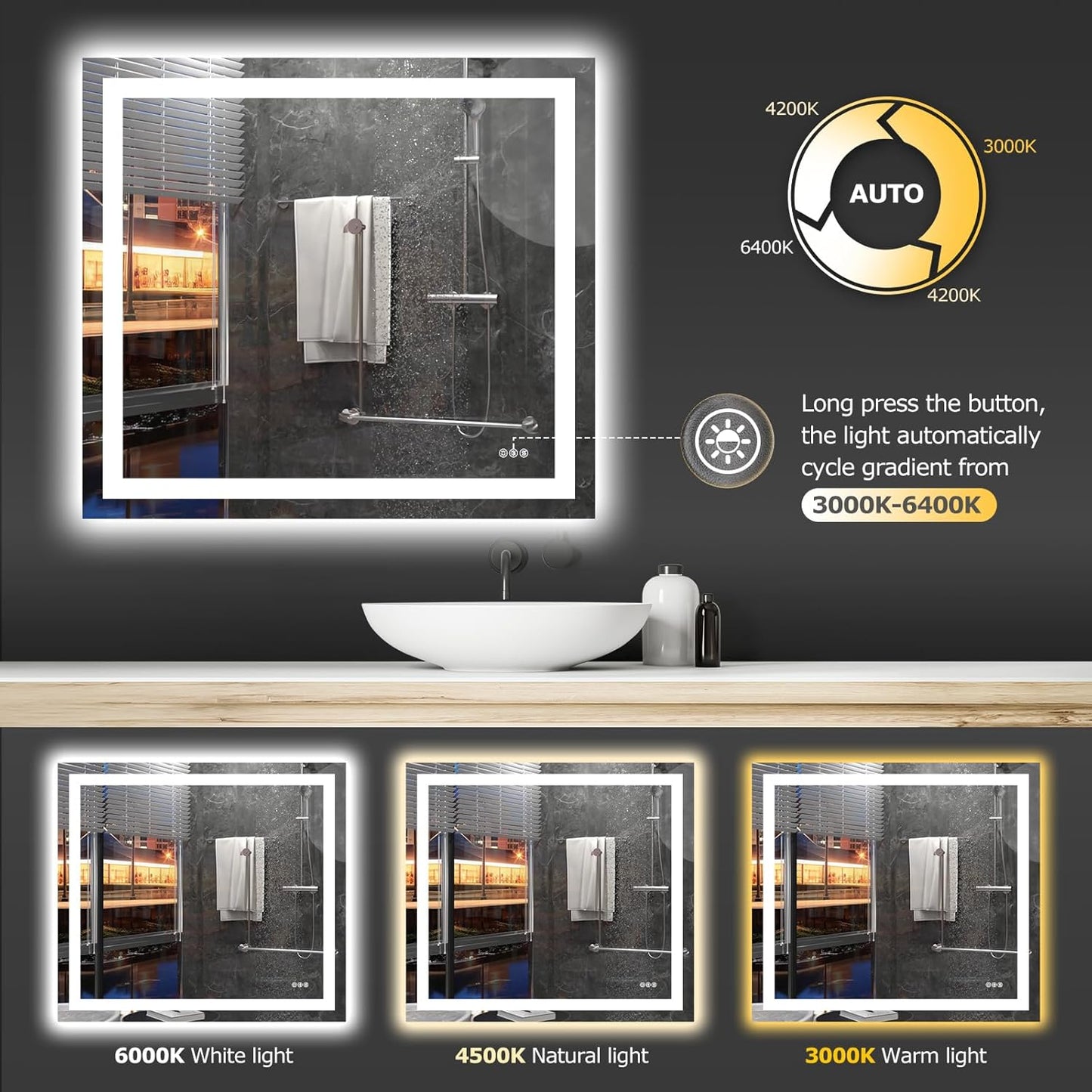 40X36 LED Bathroom Mirror with Lights, Anti-Fog, Dimmable, Backlit + Front Lit, Smart Bathroom Vanity Mirror, Memory Function, Shatterproof, Tempered Glass (Horizontal/Vertical)