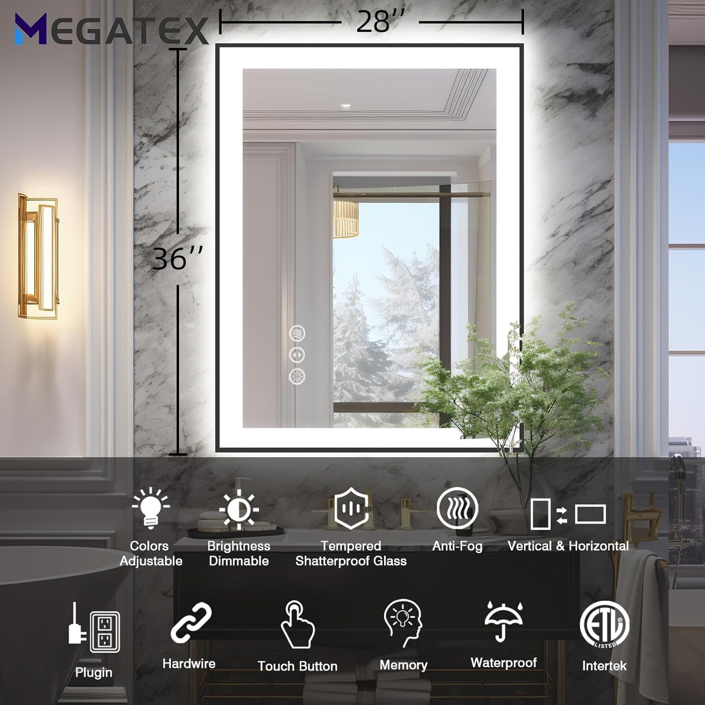 28x36 Lighted Bathroom Mirror, Wall-Mounted, Black Rim Mirror, Vanity(Front and Backlit), Stepless Dimmable CRI90+, Anti-Corrosion, Anti-Rust, Touch Sense, Memory(Horizontal/Vertical)