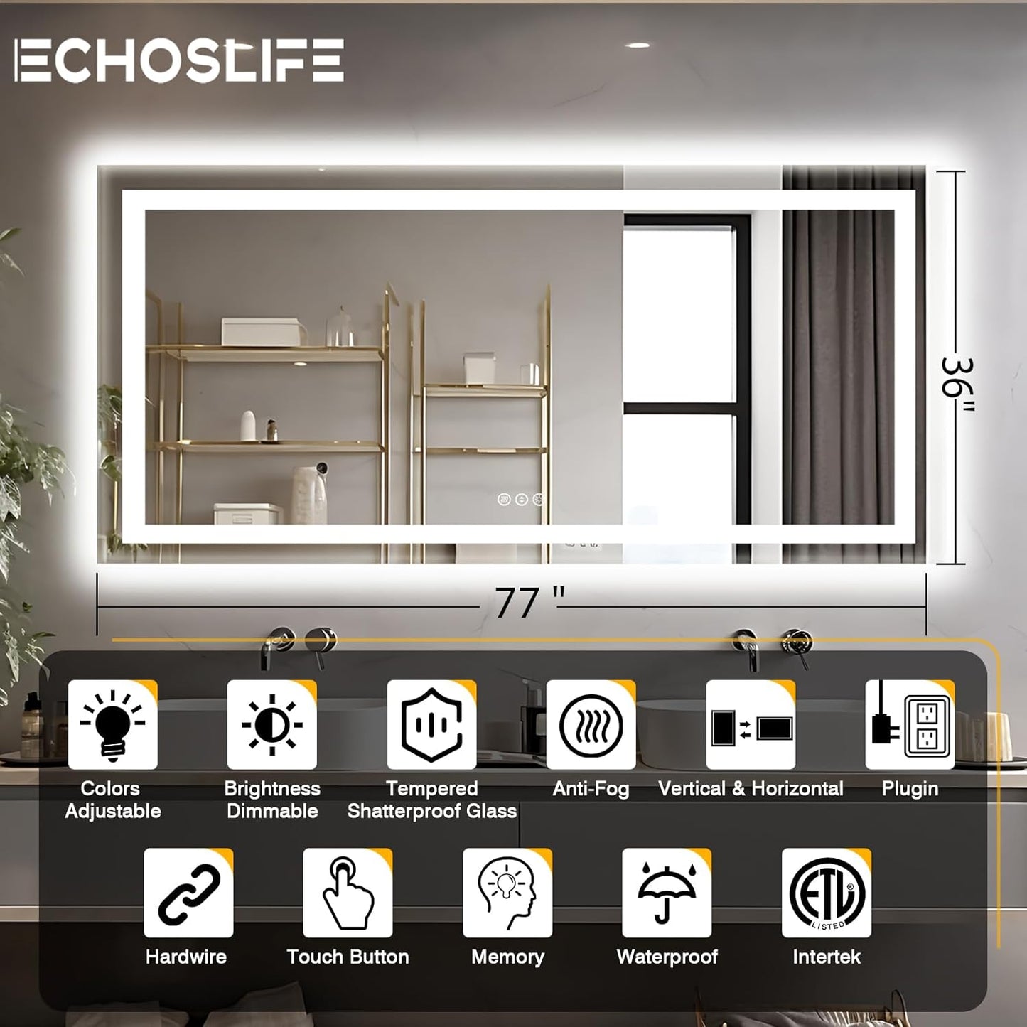 77"x36" Large LED Bathroom Mirror with Front & Backlit, Anti-Fog, Stepless Dimmable Vanity Mirror, 3 Colors Smart Mirror (Horizontal/Vertical)