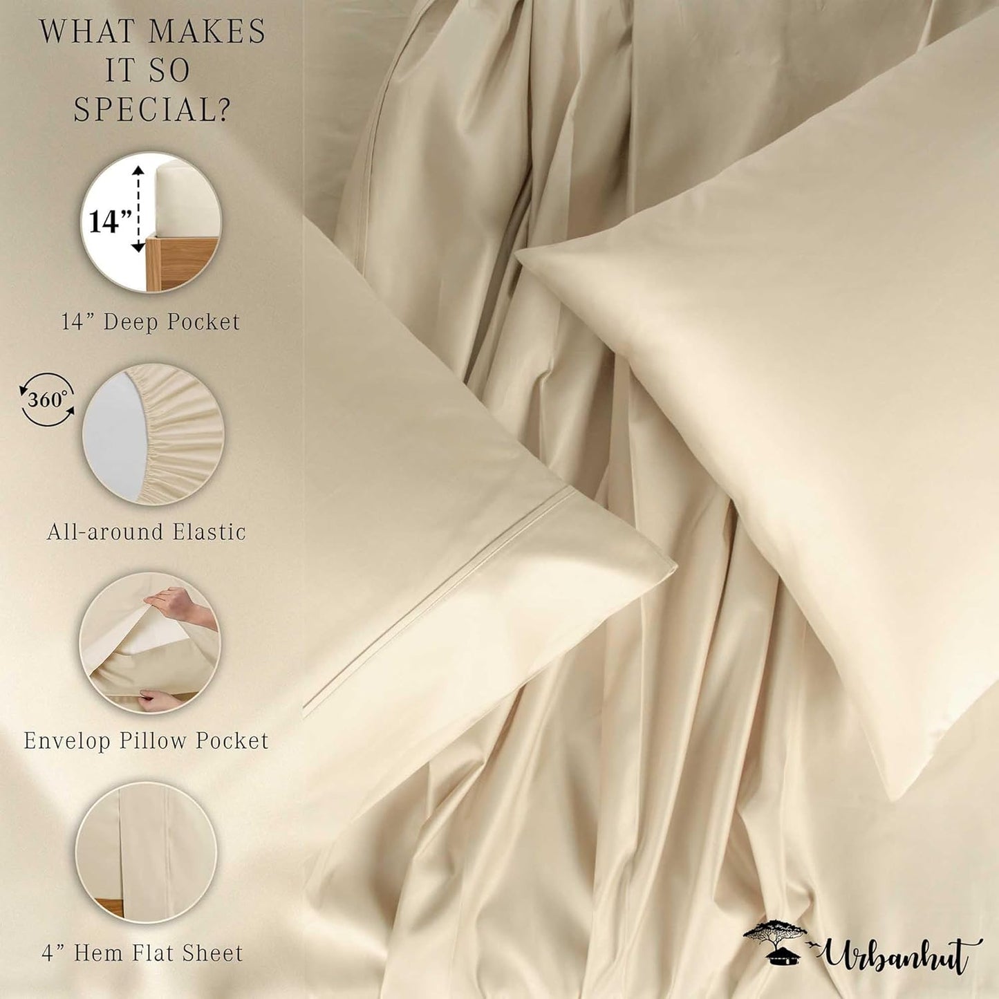 URBANHUT 700 Thread Count Twin Sheet Set Egyptian Cotton Sheets, 4Pc Sheet Set Soft Luxury Bed Sheets for Twin Size Bed, Sateen Weave Hotel Sheets, 14" Elasticized Deep Pocket - Ivory