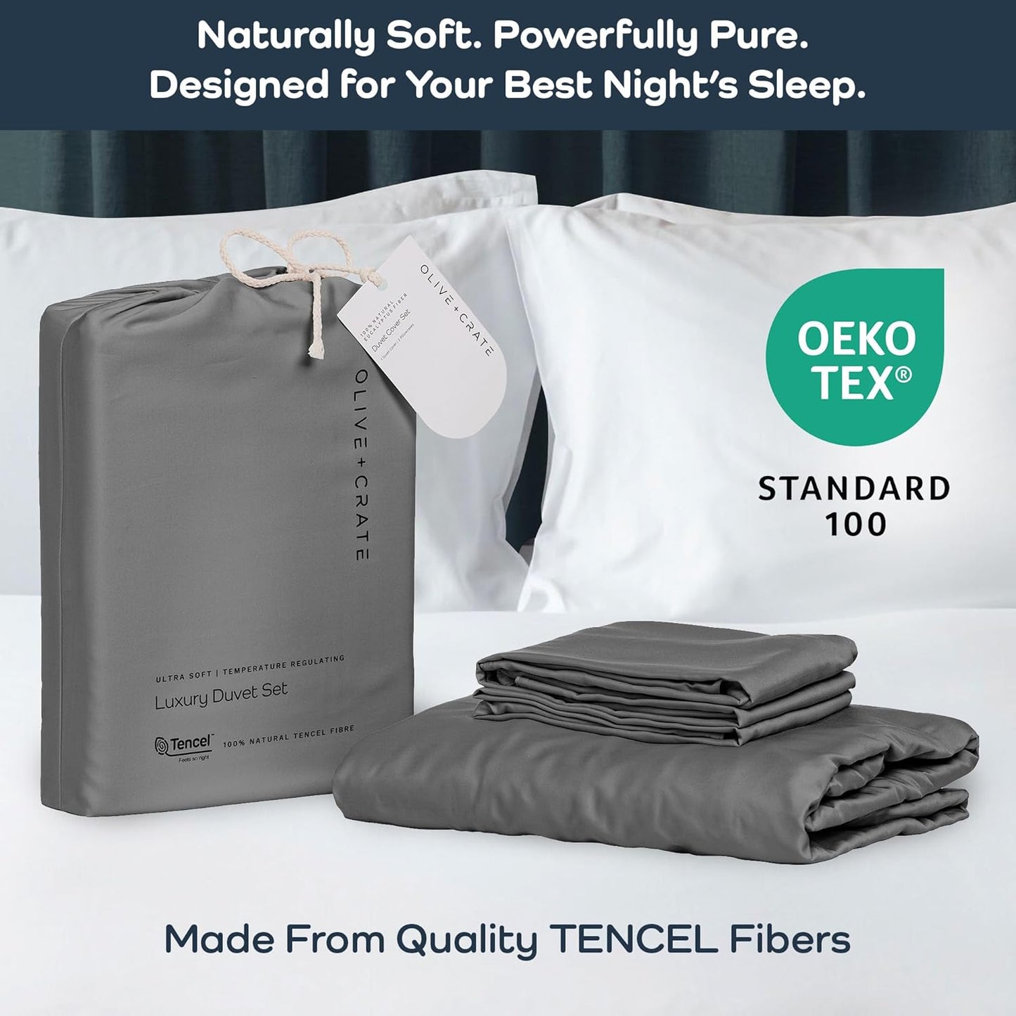 Olive + Crate Tencel Eucalyptus Cooling Duvet Cover Set - Hypoallergenic, Lyocell Tencel Duvet Cover - Soft, Temperature Regulating with Hidden Button Closure & Corner Ties - King Size [Stone Gray]