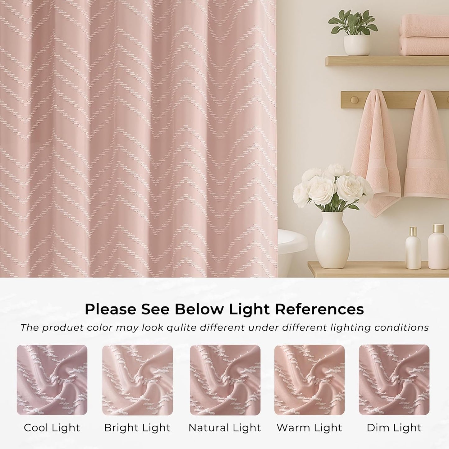 Long Blush Pink Boho Shower Curtain Cute Shower Curtain Textured Tufted Chevron Striped Minimalist 72 x 78 Bathroom Shower Curtains