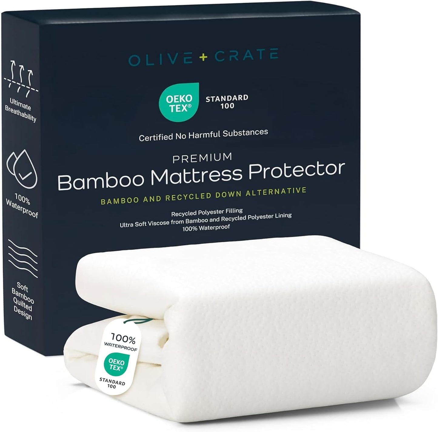 Olive + Crate 100% Viscose Bamboo Mattress Protector - Eco-Concious Cooling Mattress Cover - Waterproof Hypoallergenic Protection - Breathable Twin XL Shield Against Dust & Spills