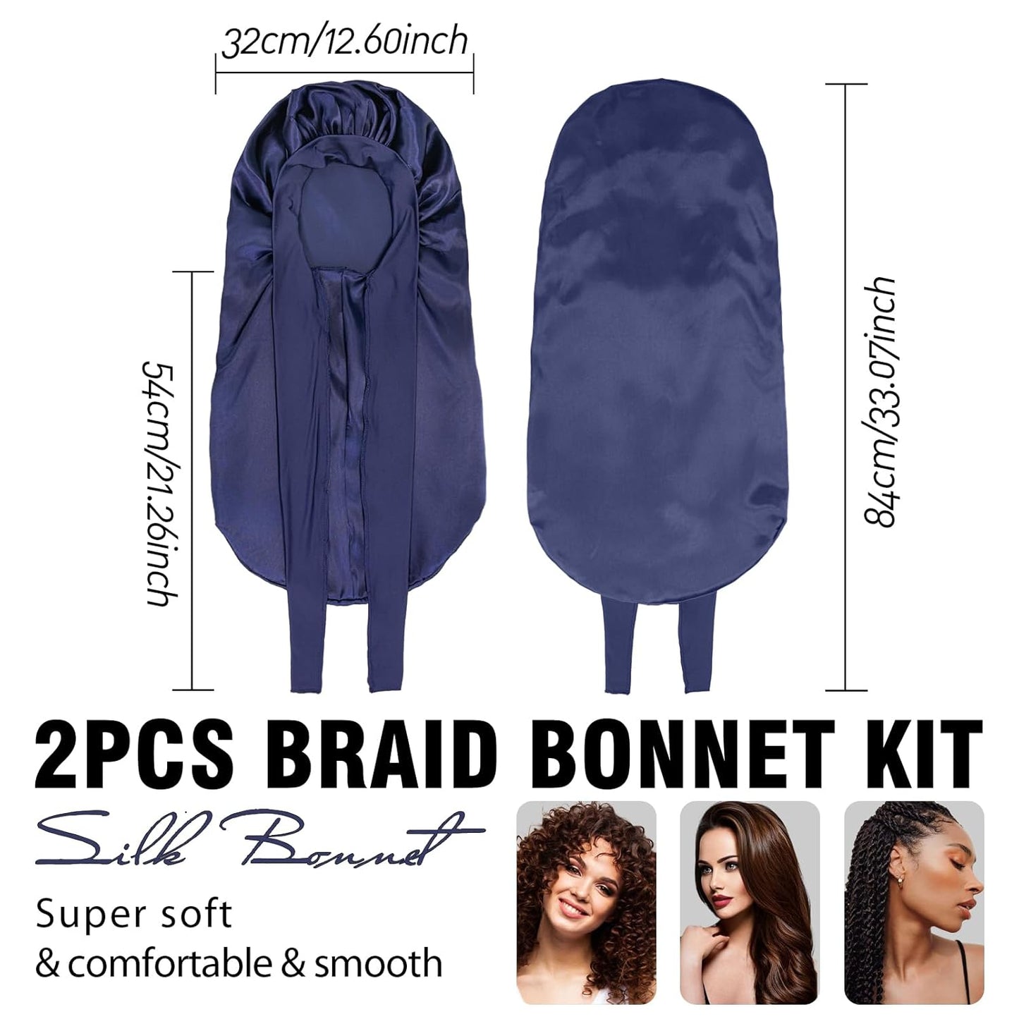2Pcs Bonnets for Black Women Braid Bonnet, Large Long Satin Bonnet for Braids, Silk Bonnet with Stretchy Tie Band Sleep Cap Hair (2Pcs-Black&Dark Blue)