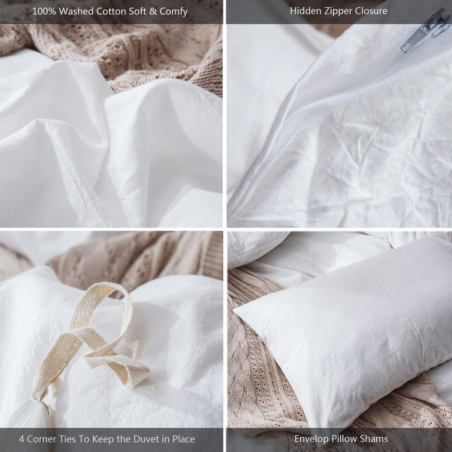 MooMee Bedding Duvet Cover Set 100% Washed Cotton Linen Like Textured Breathable Durable Soft Comfy (Solid Off White, Palatial King/Oversized King 120"x98")