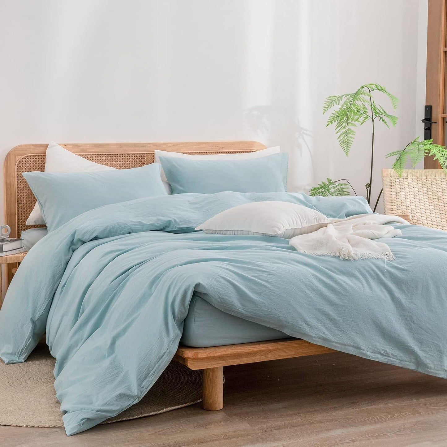 BESTOUCH Duvet Cover Set 100% Washed Cotton Linen Feel Super Soft Comfortable Chic Lightweight 3 PCs Home Bedding Set Solid Hushed Green Queen