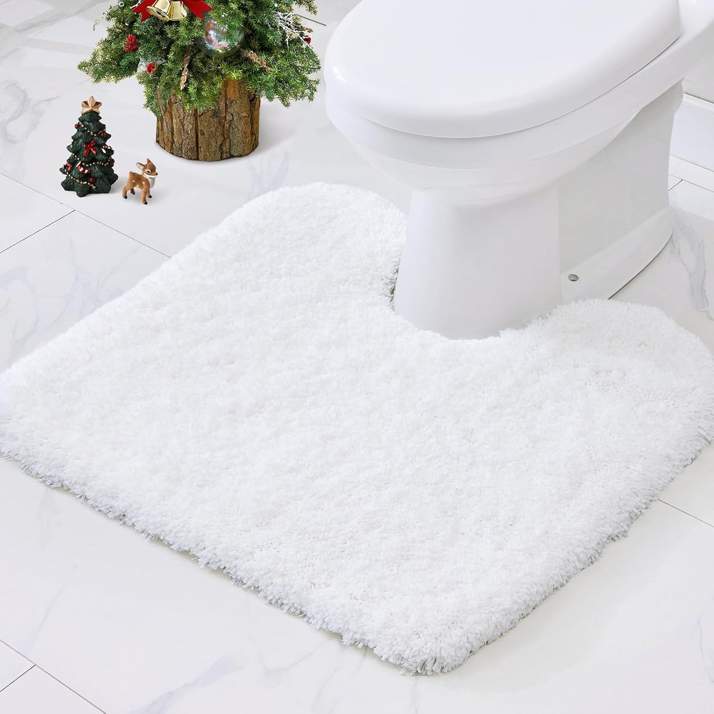 White Toilet Rug 22x24 Non Slip Fluffy Toilet Floor Mat U Shaped Washable Bathroom Contour Rug for Toilet Absorbent Shaggy Toilet Foot Rug
