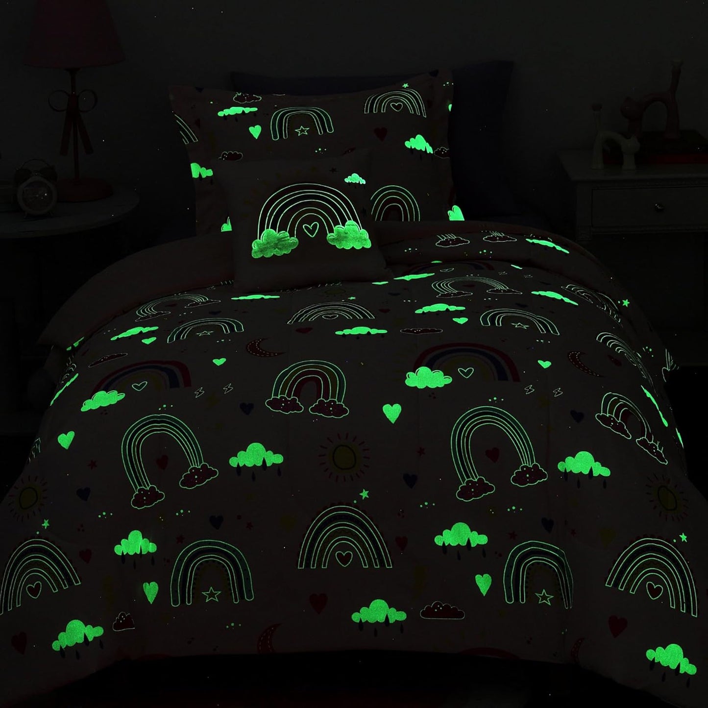 Glow in The Dark Twin Size Comforter Set for Girls, Pink Rainbow Bedding Set for Kids 1 Comforter, 1 Decor Pillow, 1 Pillow Sham