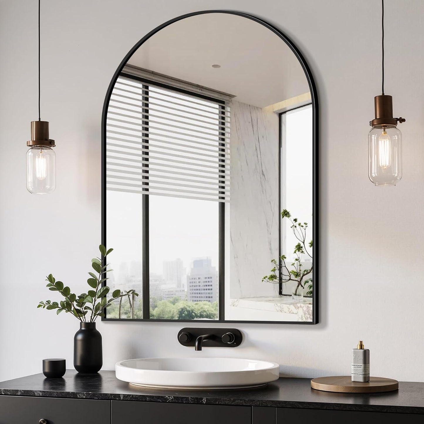 Delma Arched Bathroom Mirror, 26"x38" Wall Mounted Vanity Mirror for Bedroom, Living Room and Entryway, Black