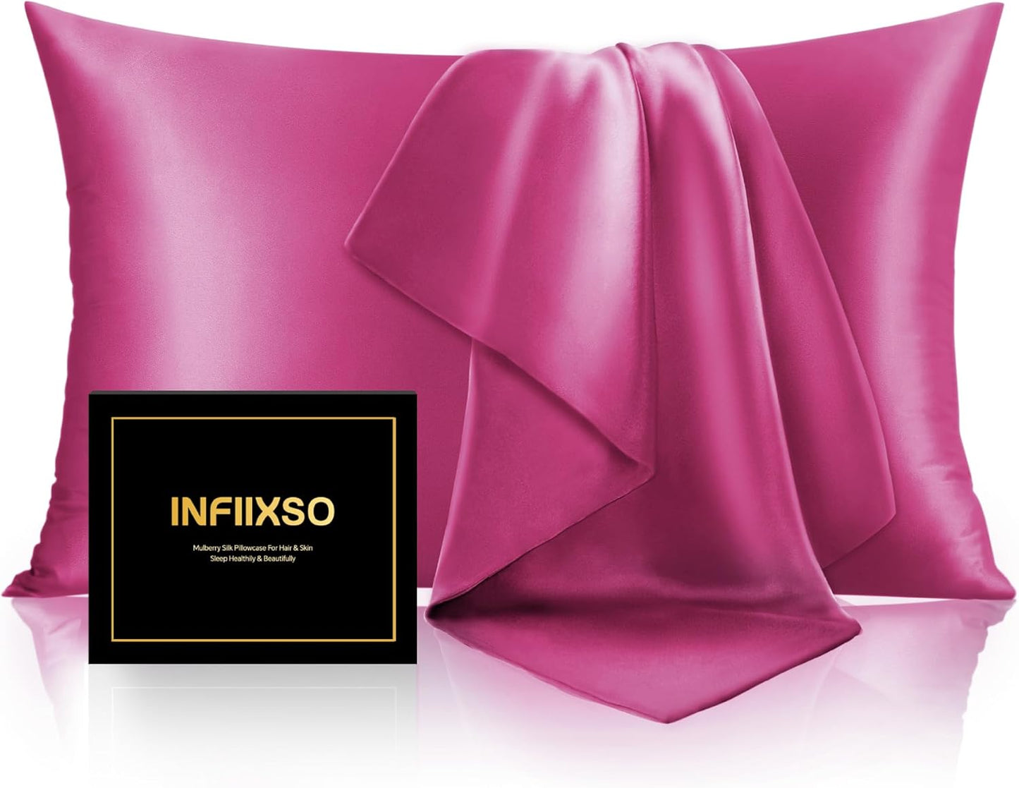INFIIXSO Silk Pillow Cases 2 Pack Standard Size, Ultra Smooth & Soft Mulberry Silk Pillow Case for Hair and Skin, Breathable Cooling Silk Pillowcase with Hidden Zipper (Hot Pink, 20x26 Inches)