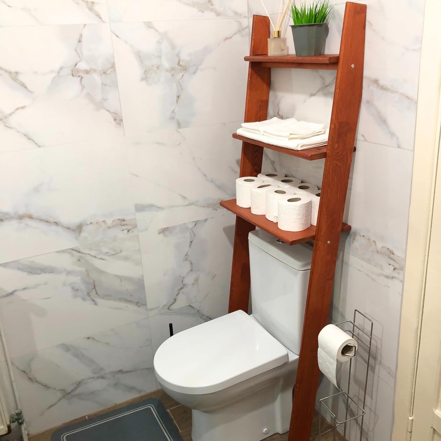 Over The Toilet Birch Wood Bathroom Organizer Shelves, 3-Tier Freestanding Above Toilet Storage Ladder Shelf, Standing Space Saver Behind Toilet Small Bathroom Organizer (Chestnut)