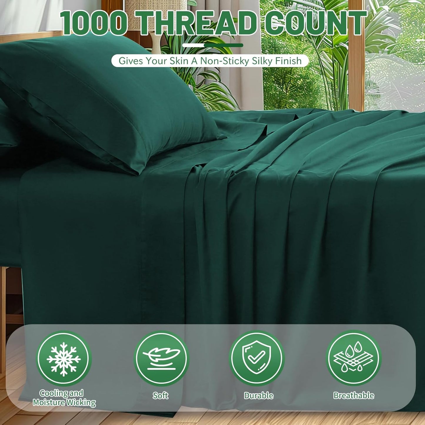 100% Egyptian Cotton Sheets King Size 1000 Thread Count Sateen Weave Soft Breathable 16-Inch Deep Pocket 4PCS（King,Dark Green）