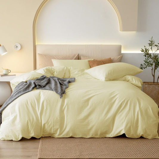 JIYUAN 100% Washed Cotton Duvet Cover Set 3 Pieces Cal King, 1 Duvet Cover 104x98 Inches(Comforter Not Included) and 2 Pillowcases,Linen Feel Bedding Set Comfy and Breathable,Light Yellow
