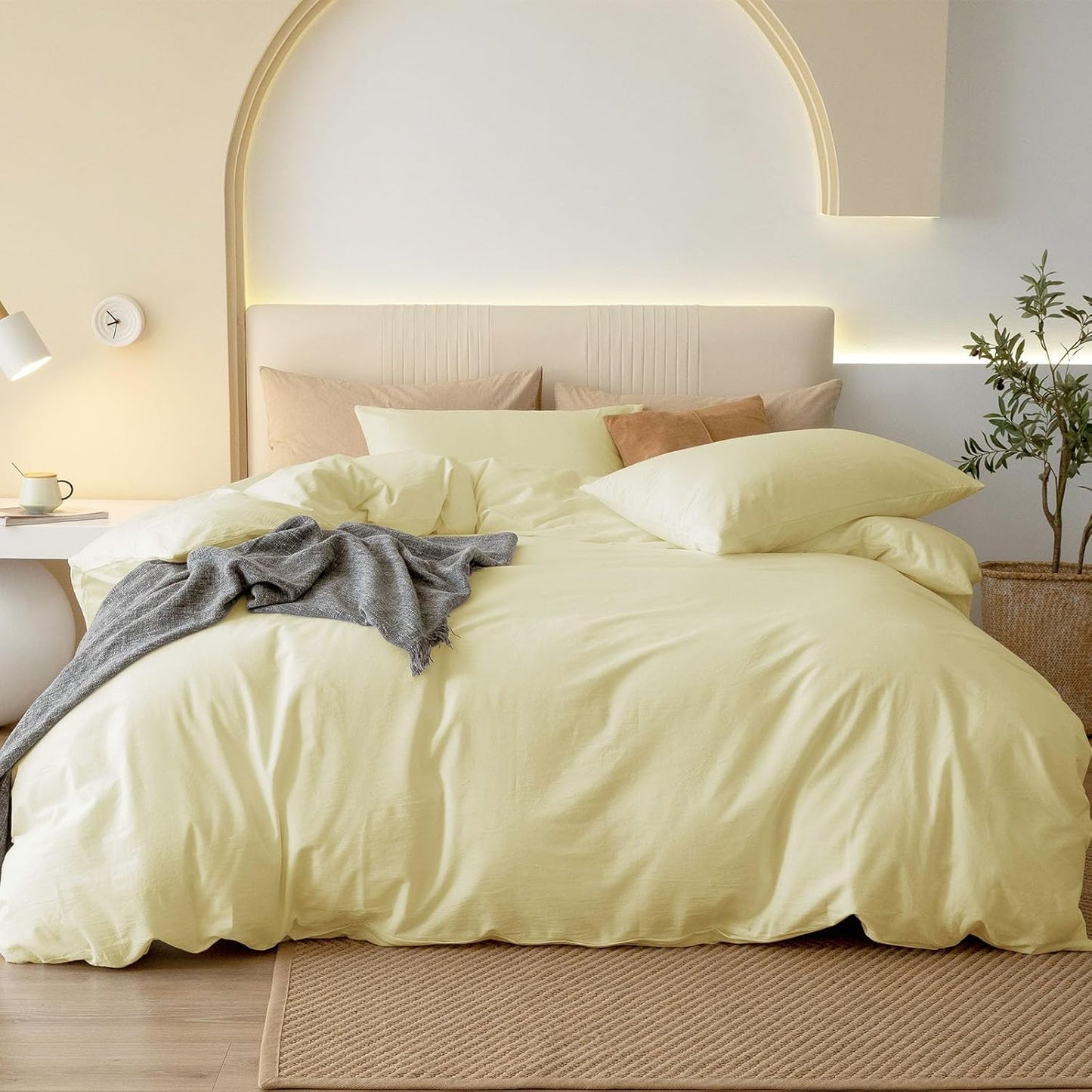 JIYUAN 100% Washed Cotton Duvet Cover Set 2 Pieces Twin, 1 Duvet Cover 68x90 Inches(Comforter Not Included) and 1 Pillowcases,Linen Feel Bedding Set Comfy and Breathable,Light Yellow