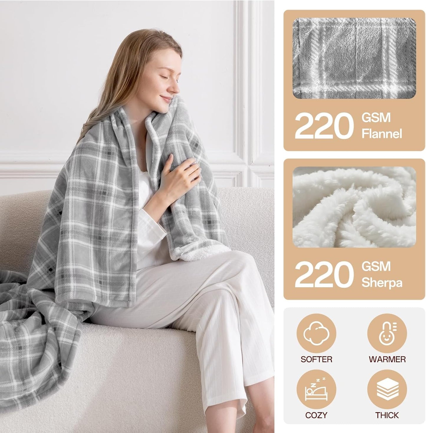 Heated Blanket Electric Throw, 50X60 Heating Throw with 8 Heating Levels & 8 Time Settings, Grey Plaid Washable Warm Soft Flannel Blanket Gift for Couch Bed Office, ETL Certified