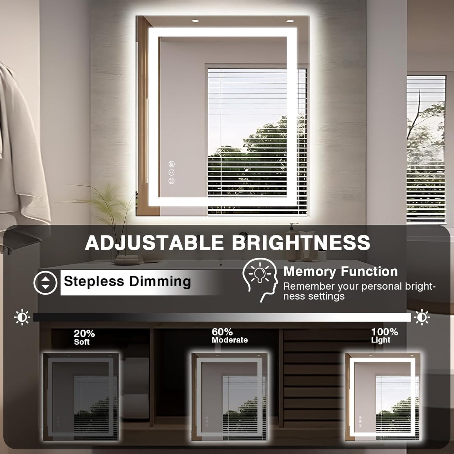 32"x36" LED Bathroom Mirror, Front and Backlit Mirror, Anti-Fog Vanity Mirror with Lights, Stepless Dimmable Illuminated, 3 Colors Smart Mirror (Horizontal/Vertical)