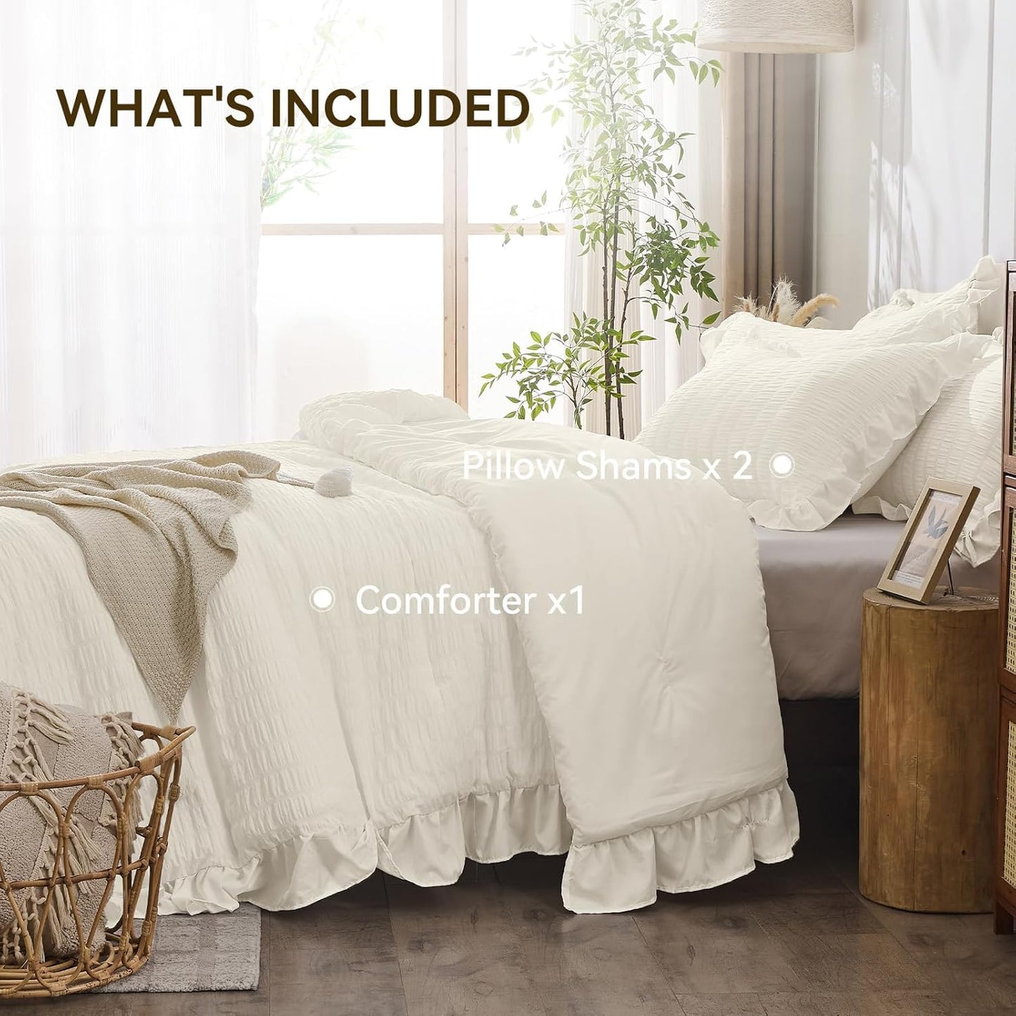JOLLYVOGUE Ivory Comforter Full Size, 3 Pieces Seersucker Lightweight Full Size Bedding, All Season Fluffy Microfiber Bedding Comforter Set with 1 Ruffle Comforter and 2 Ruffle Pillowshams
