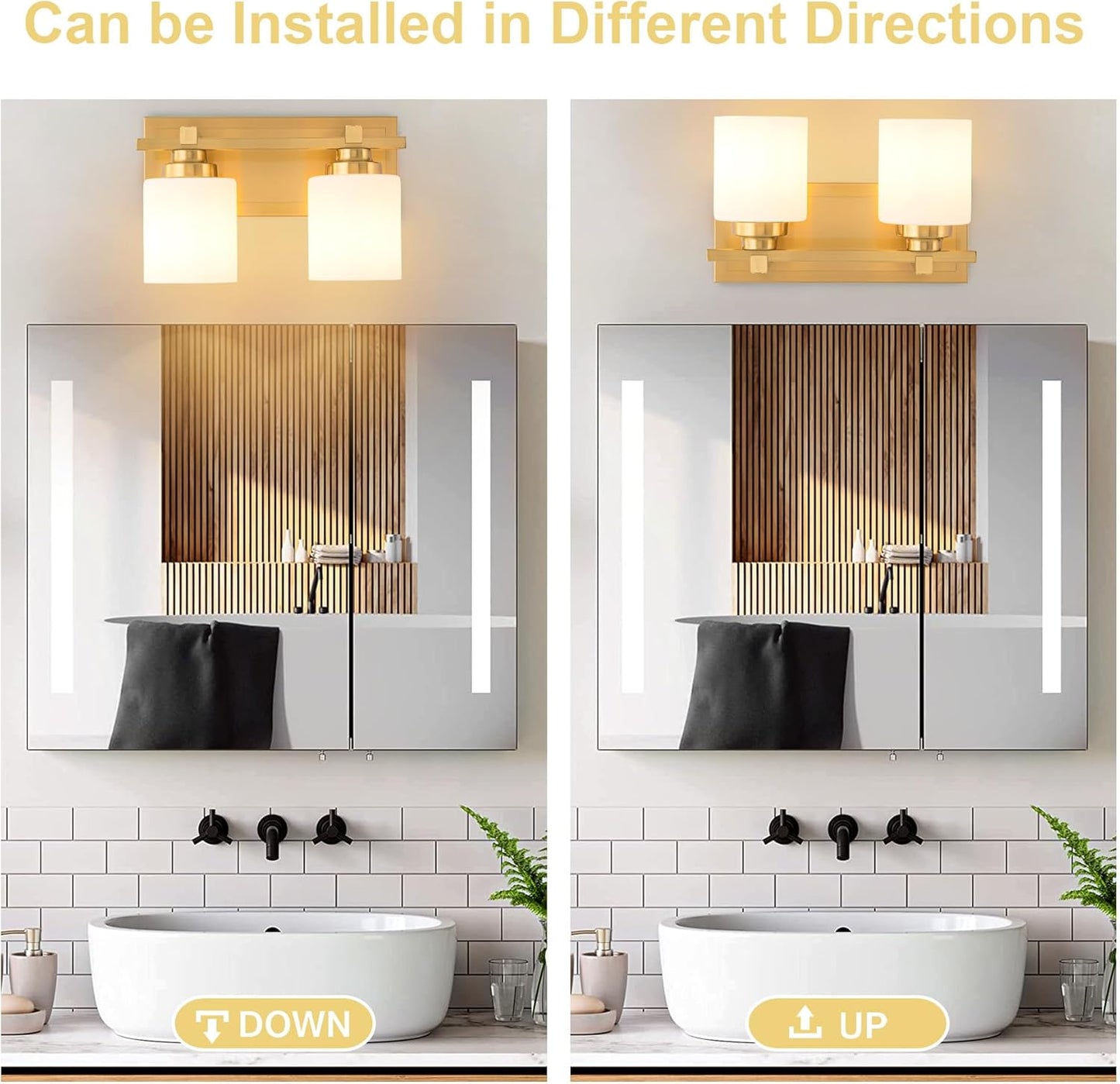 2 Light Modern Bathroom Light Fixtures Over Mirror, Brass Finish Vanity Lights for Bathroom Wall Sconces with Milky White Glass Shades, E26 Socket (Bulbs Not Included)