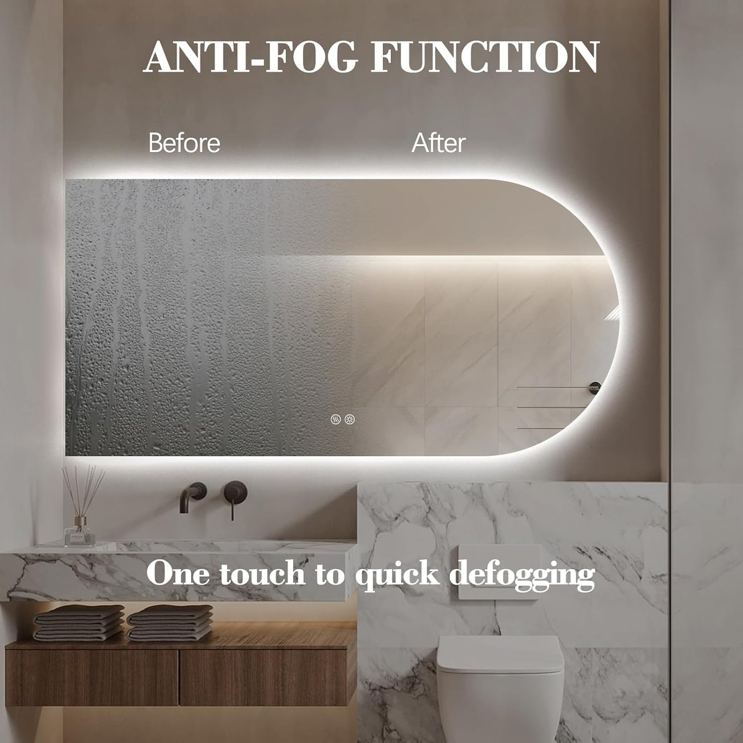 Arched LED Bathroom Mirror, 55"x28" Arch Framless Backlit Mirror with Lights Vanity Mirror for Makeup, Anti-Fog, Dimmable, 3-Color, Memory Function, IP65 Waterproof, UL Listed, Horizontal-Left