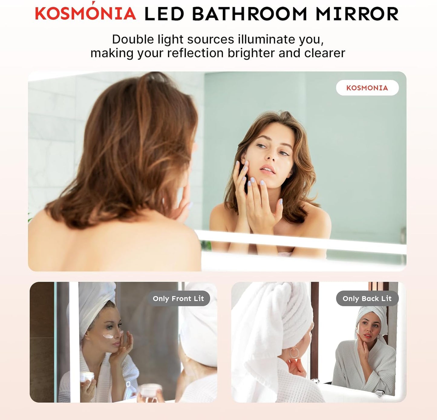 32x40'' LED Bathroom Mirror with Light, Frameless, Dimmable Front & Backlit, Anti-Fog, Distortion Free, Light Memory, Tempered and Shatter-Proof Wall Mounted Vanity Silver Coating Mirror