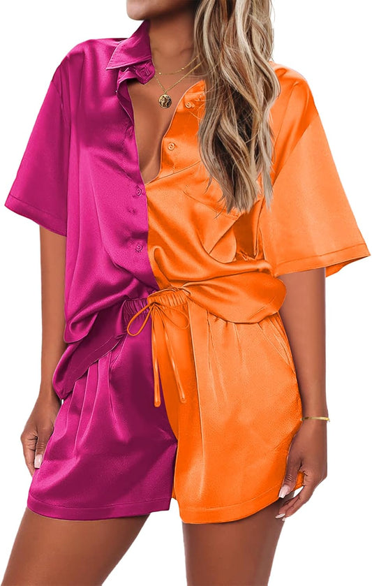 Ekouaer Pajamas for Women Set Silk Satin Pjs Shorts Sleepwear 2 Piece Loungewear S-XXL