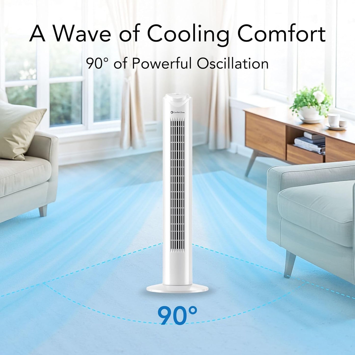 Comfort Zone Tower Fan for Bedroom, 32 inch, 3 Speeds, 90 Oscillation, Bladeless Indoor Fan, Built in Carry Handle, Portable Stand Fan, White