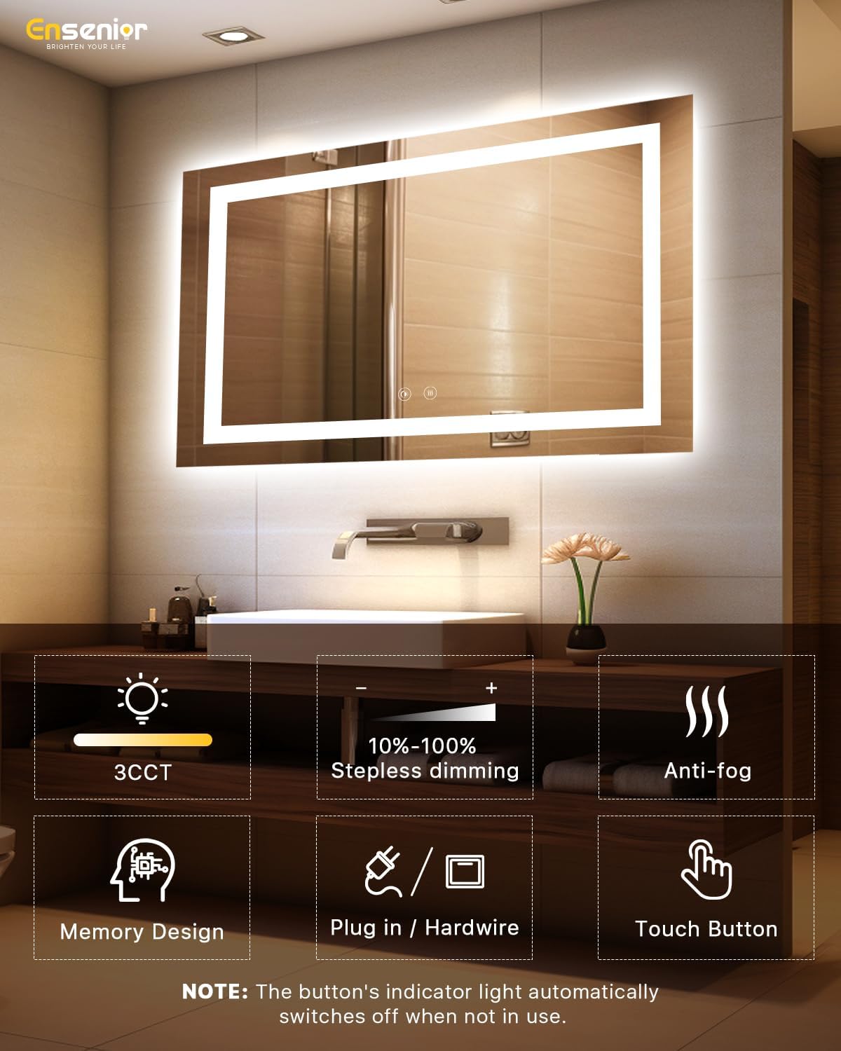 Ensenior LED Bathroom Mirror 60"x 36" with Front and Backlight, Stepless Dimmable Wall Mirrors with Anti-Fog, Shatter-Proof, Memory, 3 Colors, Modern LED Vanity Mirror-ETL & FCC