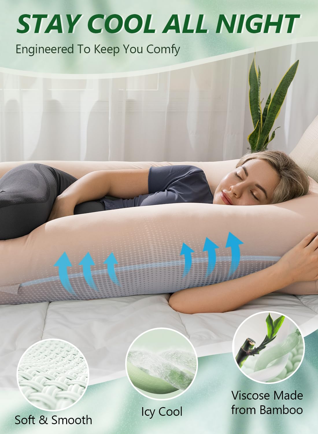 Meiz Pregnancy Pillows, Pregnancy Pillows for Sleeping Cooling, U Shaped Full Body Pillow for Adult, Rayon Cover from Bamboo, Light Apricot