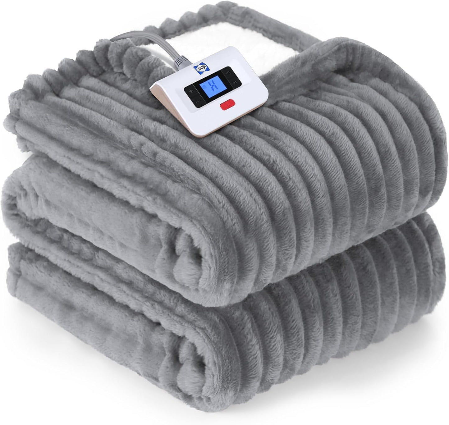 SEALY Electric Blanket Twin Size, Soft Ribbed Flannel to Sherpa Reversible Heated Blanket with 10 Heat Settings & 1 to 12 Hours Auto-Off Overheat Protection Machine Washable, 62"x84" Light Grey
