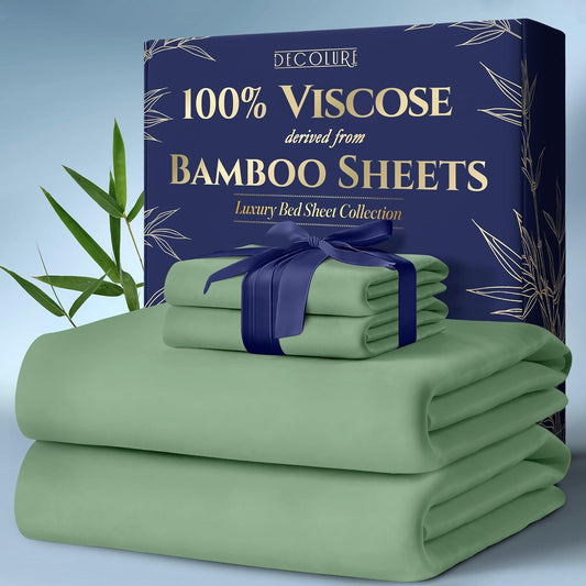 DECOLURE 100% Viscose Derived from Bamboo Sheets Cal King Size 4pcs - Ultra Soft & Luxuriously Cooling, 17" Deep Pocket,Double Stitching,Perfect for Hot Sleepers - King Bed Sheets (Sage Green)