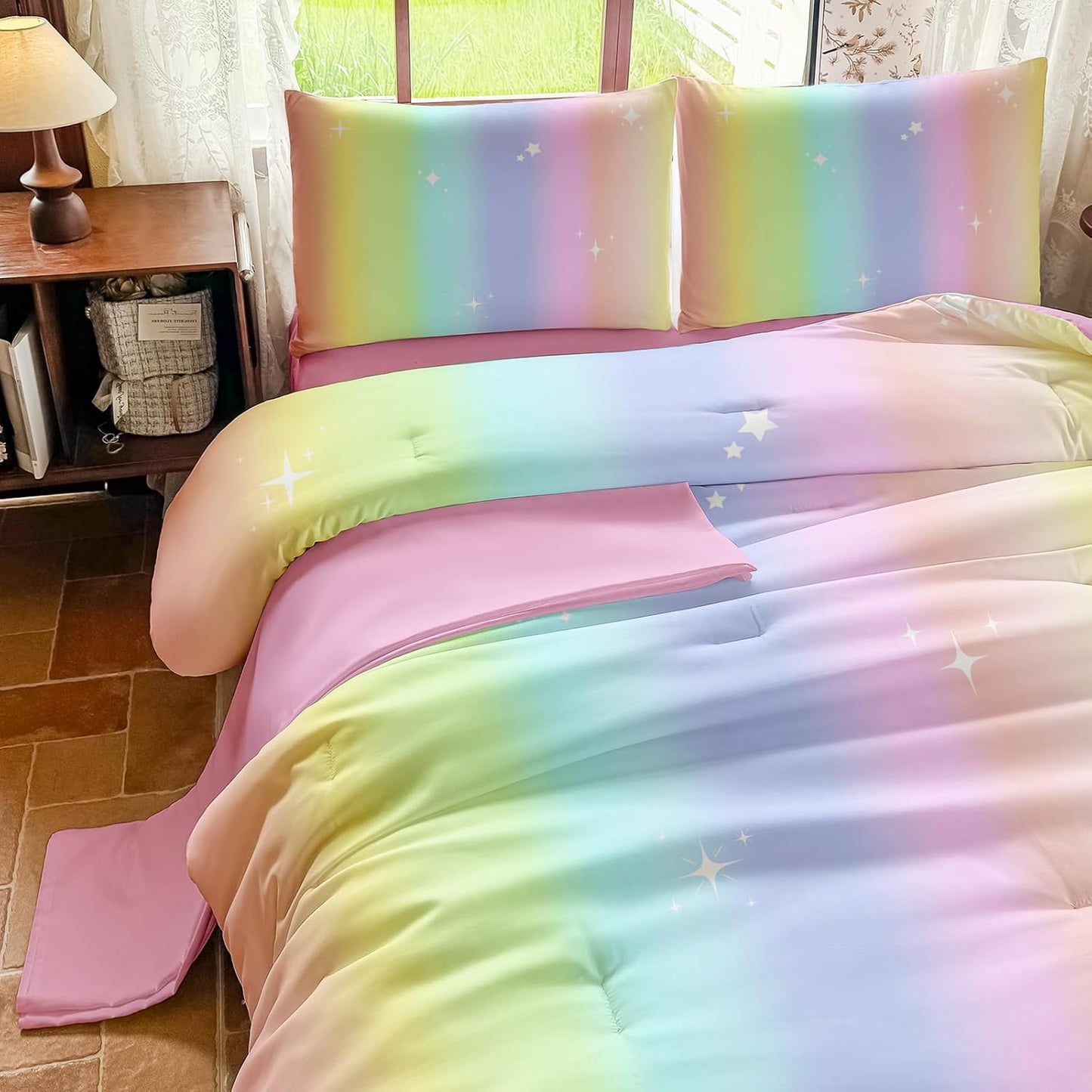 Rainbow Bedding Set Full Size – 5 Piece Reversible Girls Comforter with Deep-Pocket Sheet, Gradient Galaxy Design, Whole-Piece Filling, Machine Washable Bed-in-a-Bag for Kids Room Makeover & Gifts