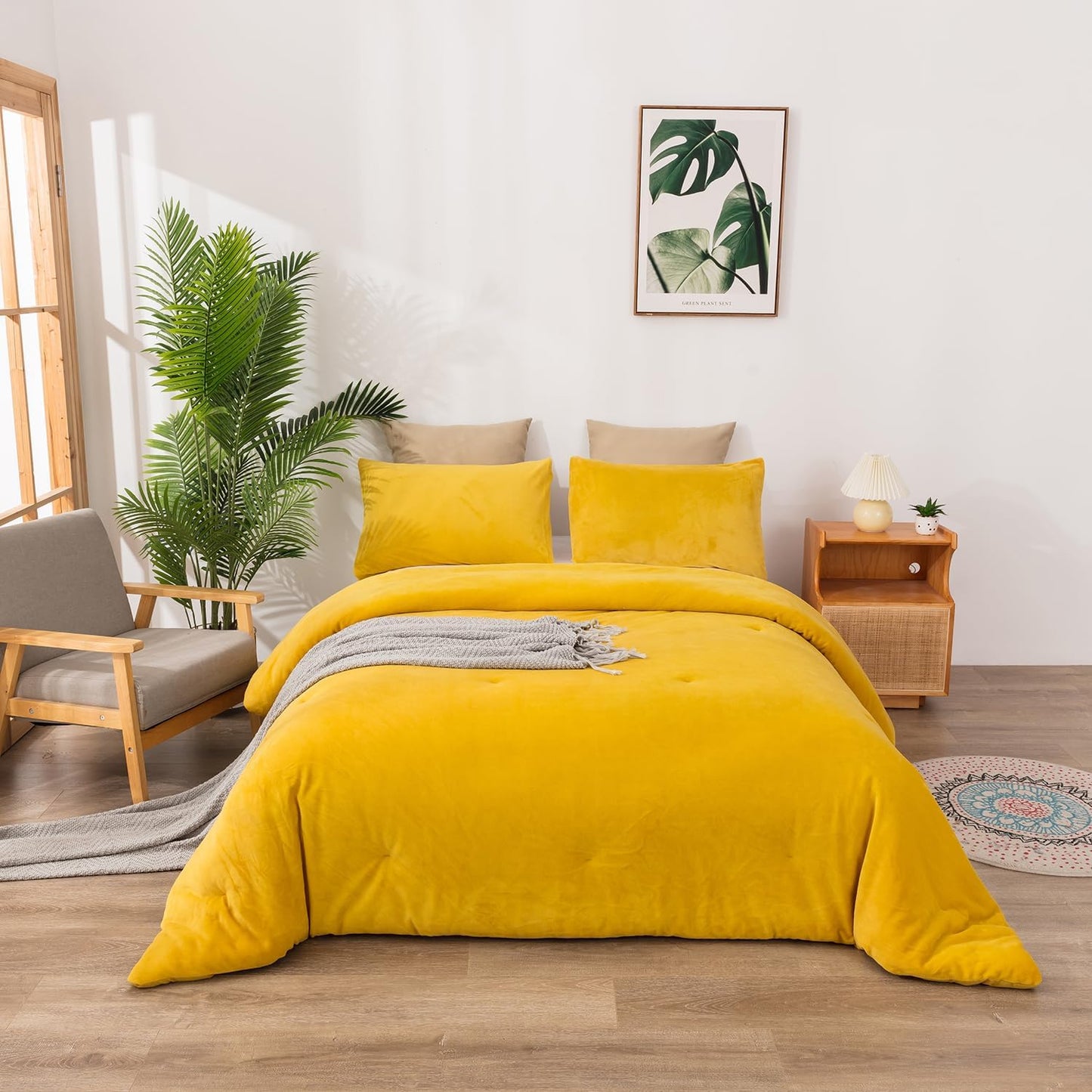 Cottonight Yellow Velvet Comforter Set Full Women Men Mustard Yellow Flannel Plush Fluffy Bedding Comforter Set Full Warm Heavyweight Winter Shearp Micromink Quilts Comforter Soft Comfy