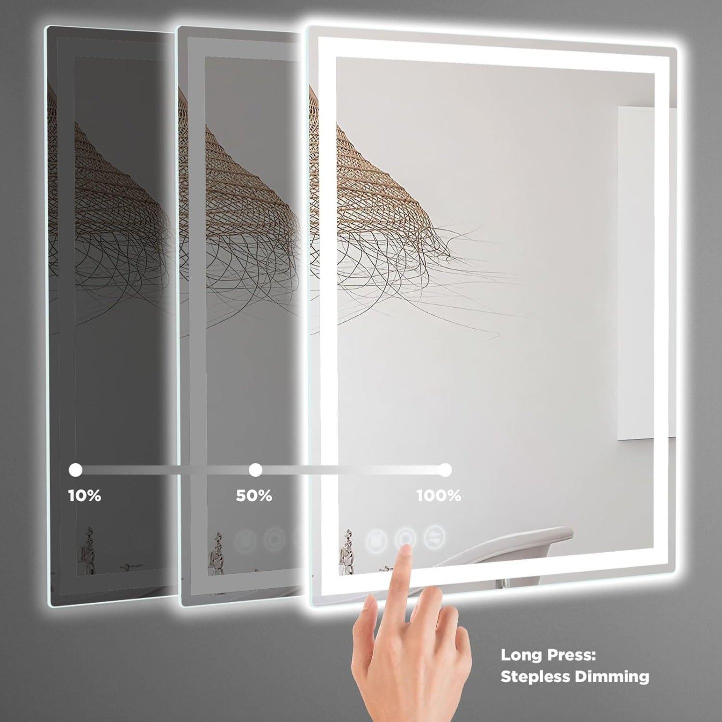 24"x 36" LED Bathroom Mirror with Stepless Dimmable Wall Mirrors with Anti-Fog, Dimmable CRI>90, Vanity Mirror with 3 Color Modes, Shatter-Proof, Memory Bathroom Mirror with LED Lights