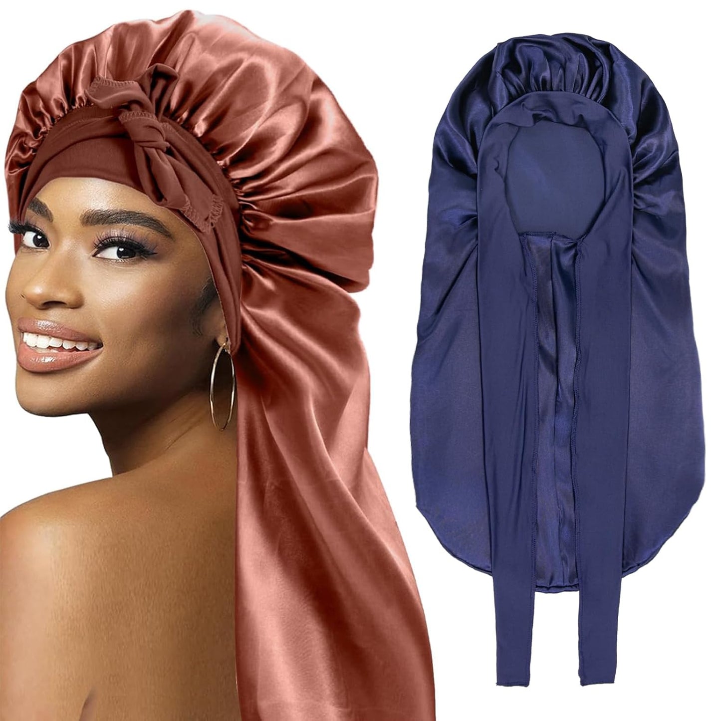 2Pcs Bonnets for Women Sleeping Braid Bonnet, Large Long Satin Silk Bonnet for Braids, Black Women Braid Bonnets with Stretchy Tie Band for Sleeping Extra Long (Brown & Dark Blue) Purple