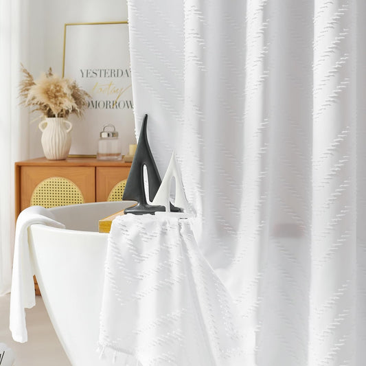 Extra Long White Boho Shower Curtain with Tassel, Woven Fabric 80 in Shower Curtain, Tufted Chevron Striped, 72 x 80, Modern Chic Textured Minimalist Bathroom Shower Curtains