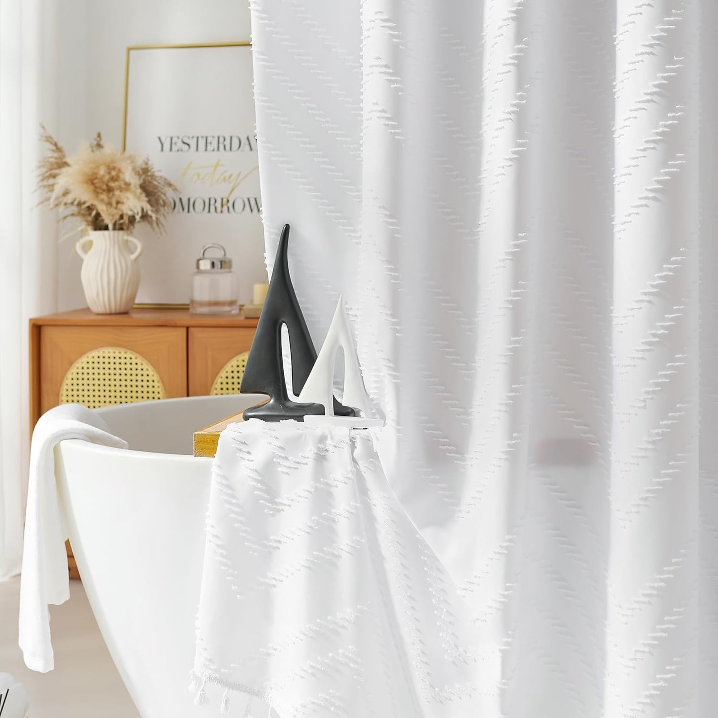 Stall Shower Curtain 36x72 White Fabric Shower Curtain Stall Size Cloth Shower Curtains Tufted Chevron Striped Textured Modern Farmhouse Minimalist for Bathroom Decor