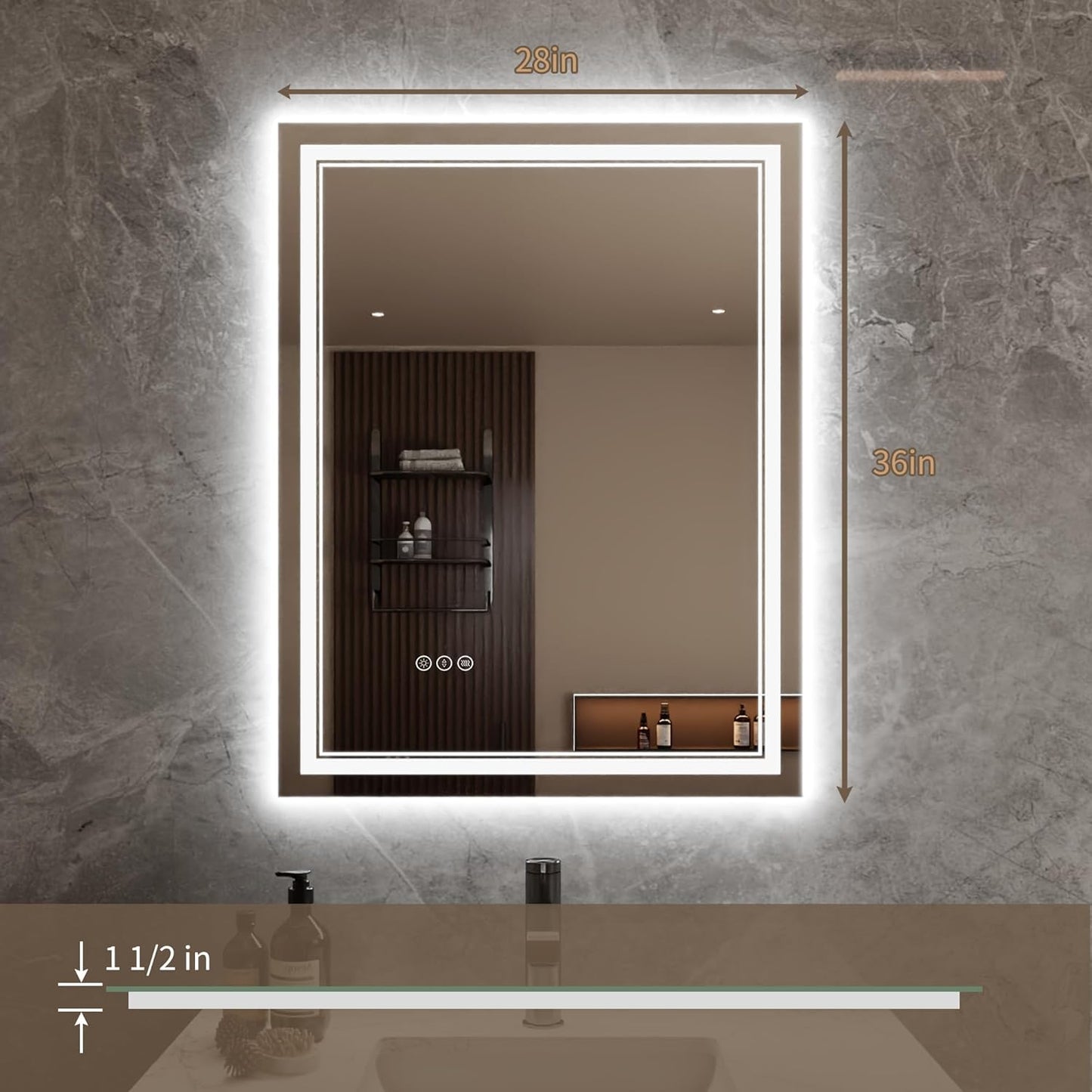 Bathroom Mirror with Lights 28"X36" with Front Light and Backlit, Tempered Glass, Wall Mount Horizontal/Vertical, Stepless Dimmable, 3 Colors, Anti Fog, Bathroom Memory LED Mirror