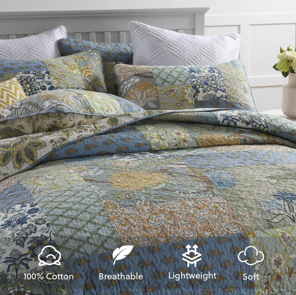 Cotton Bedspread Quilt Bedding Sets 3 Pieces Reversible Coverlet Sets Comforters Rustic Paisley Floral Patchwork Sage Green Bedspread, Queen Size