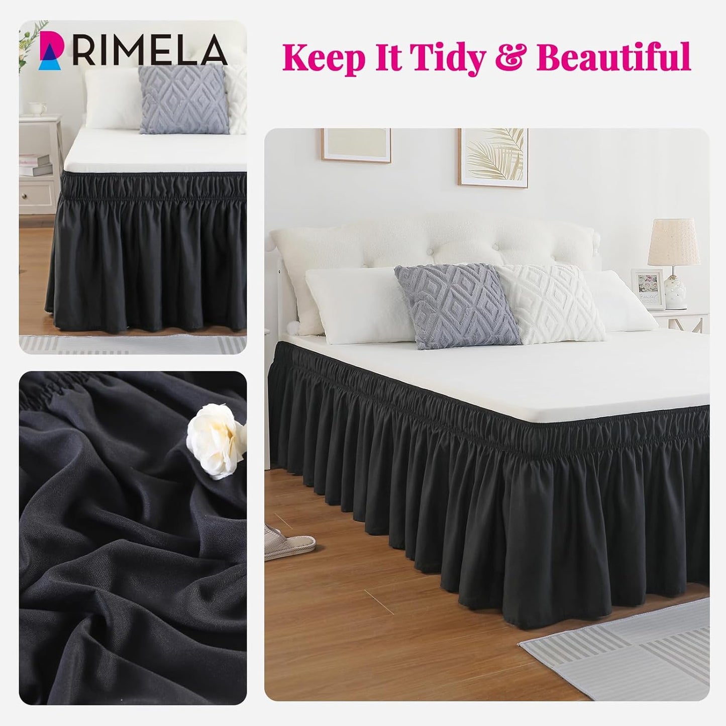 RIMELA Bed Skirt Wrap Around Elastic Dust Ruffles Solid Color Wrinkle and Fade Resistant with Adjustable Elastic Belt Easy to Install Black for Queen Size 18 Inch Drop