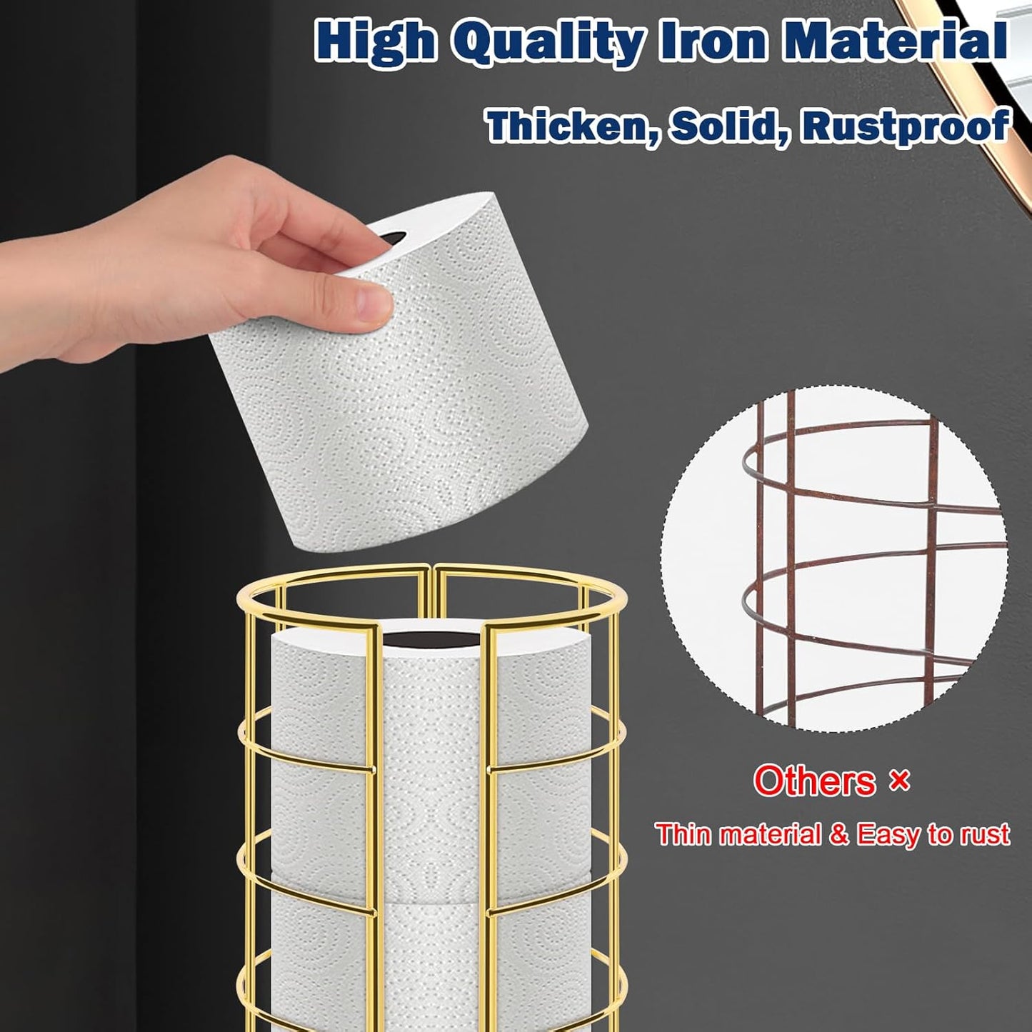 NearMoon Toilet Paper Organizer Stand, Free Standing 3 Rolls Tissue Storage, Metal Bathroom Accessory, Rustproof Toilet Roll Holder for Kitchen Countertop Inside Cabinet Shelf(Metal Base, Gold)