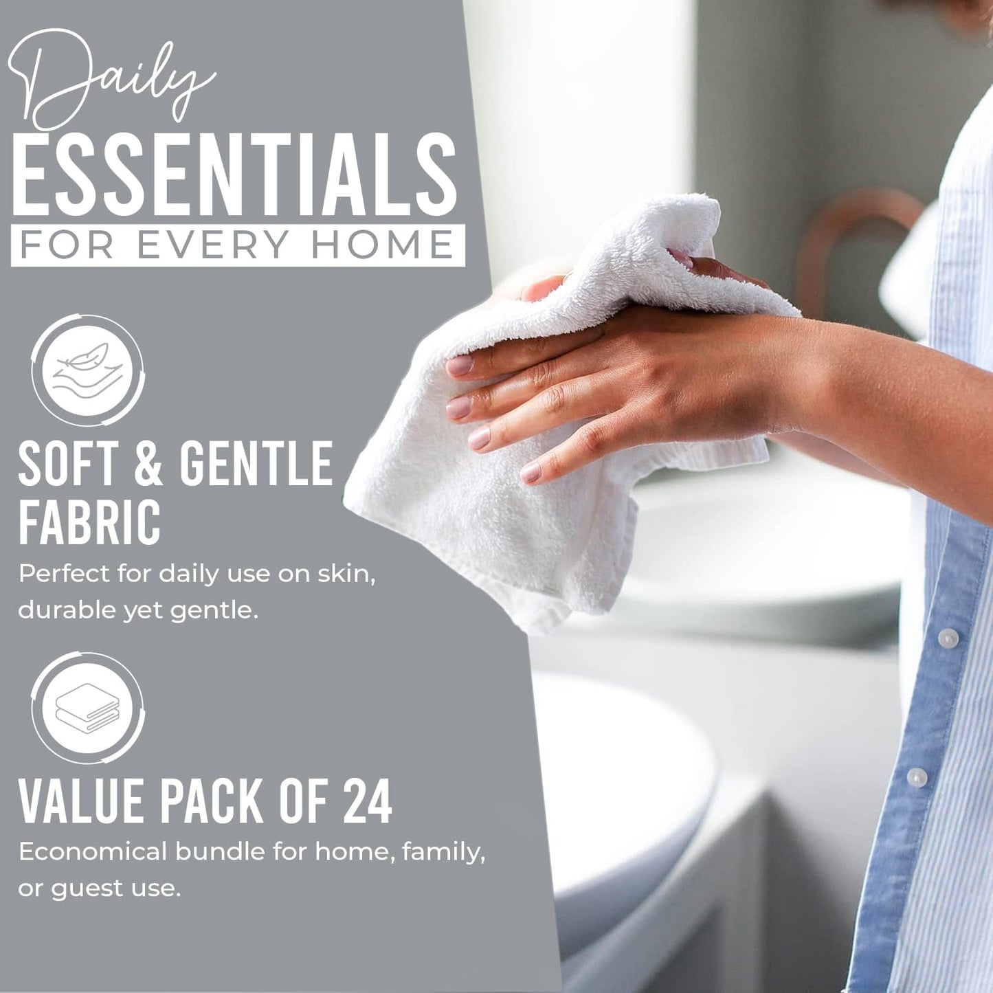DAN RIVER 100% Cotton Wash Cloths 24 Pack [12x12] Soft & Absorbent Terry Cloth washcloths, Gym, Hotels & Spa Perfect for Everyday Use Fingertip Towels, Silver