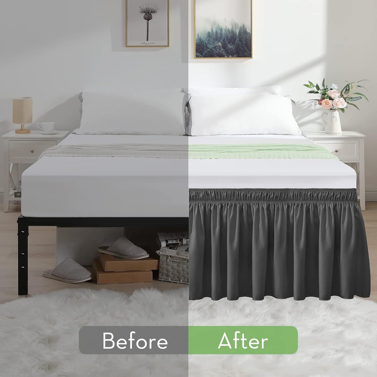 RIMELA Bed Skirt Wrap Around Elastic Dust Ruffles Solid Color Wrinkle and Fade Resistant with Adjustable Elastic Belt Easy to Install Dark Gray for King & California King Size 18 Inch Drop
