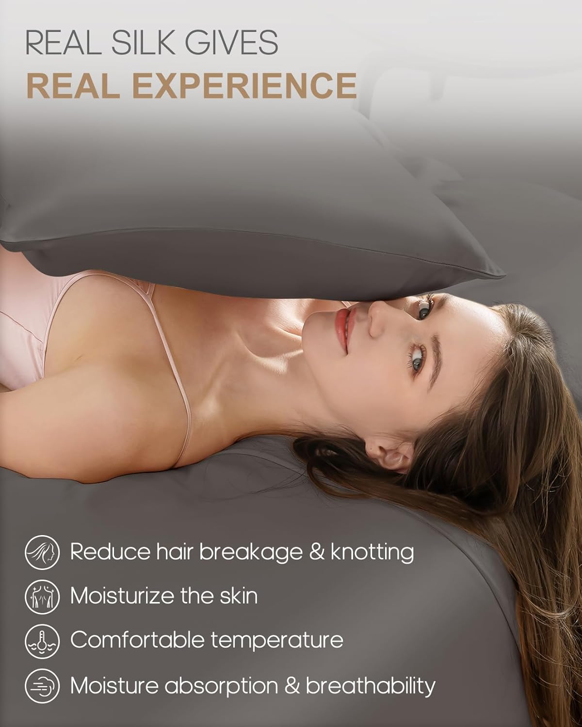 THXSILK 100% Mulberry Silk Pillowcase for Hair and Skin, Both Sides 22 Momme Pure Natural Silk Pillowcase, Soft Breathable Zipper Pillow Case Queen Size 20"x30", Dark Grey