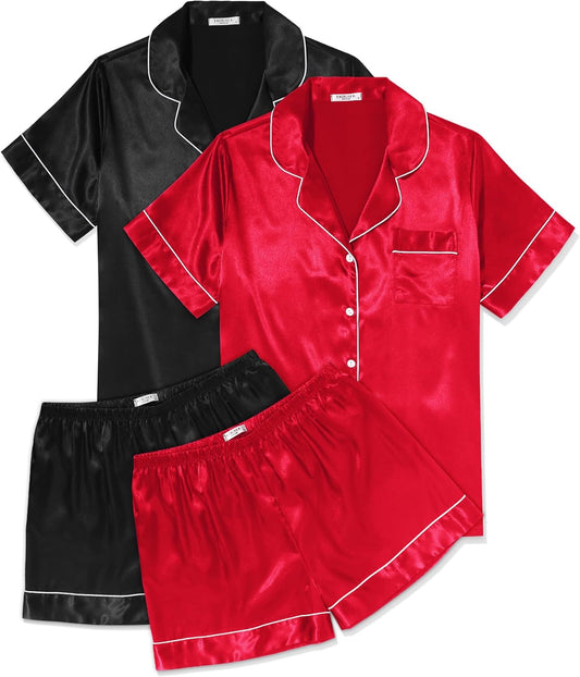 Ekouaer Pajamas for Women Set Silk Satin Pjs Shorts Sleepwear 2 Piece Loungewear S-XXL