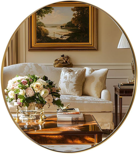 ANDY STAR Gold Round Mirror, 24’’ Brushed Gold Circle Bathroom Mirrors in Stainless Steel Metal Frame 1" Deep Set Design