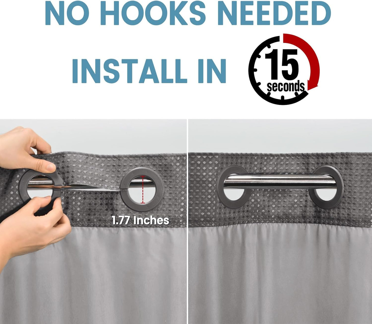 Charcoal Grey Stall No Hook Shower Curtain with Snap in Liner,230GSM Waffle Weave Shower Curtains for Bathroom,54W x 80H