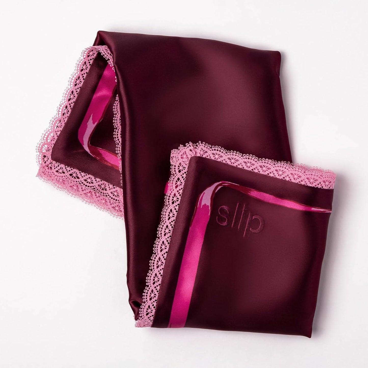 slip Queen Silk Pillowcase – Crimson Kiss Limited Edition with Lace Trim – 100% Pure Mulberry Slipsilk™ – Anti-Frizz, Anti-Aging, Invisible Zipper Closure