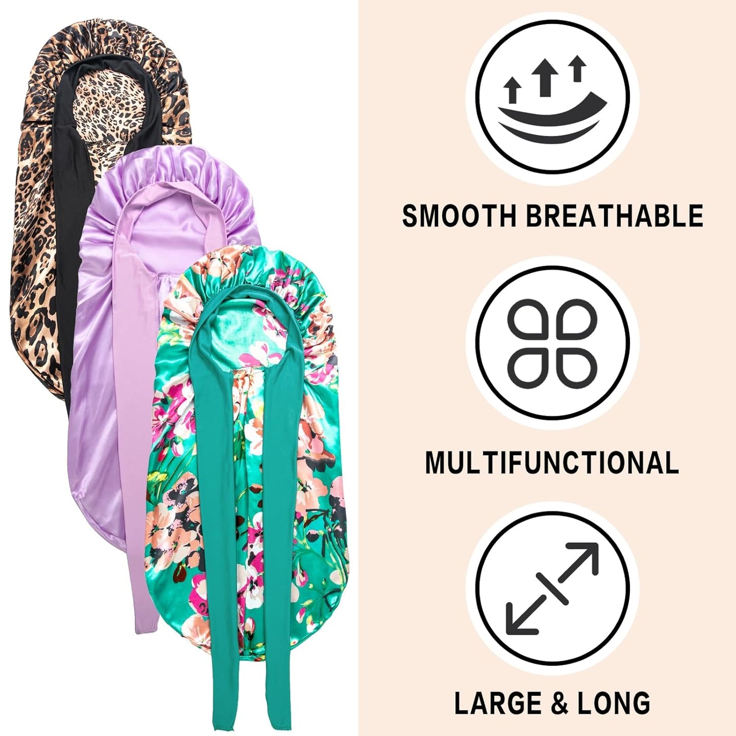 3Pcs Bonnets for Black Women Braids, Long Satin Bonnet with Stretchy Tie Band Sleep Cap for Long Hair (Purple & Leopard & Flower)