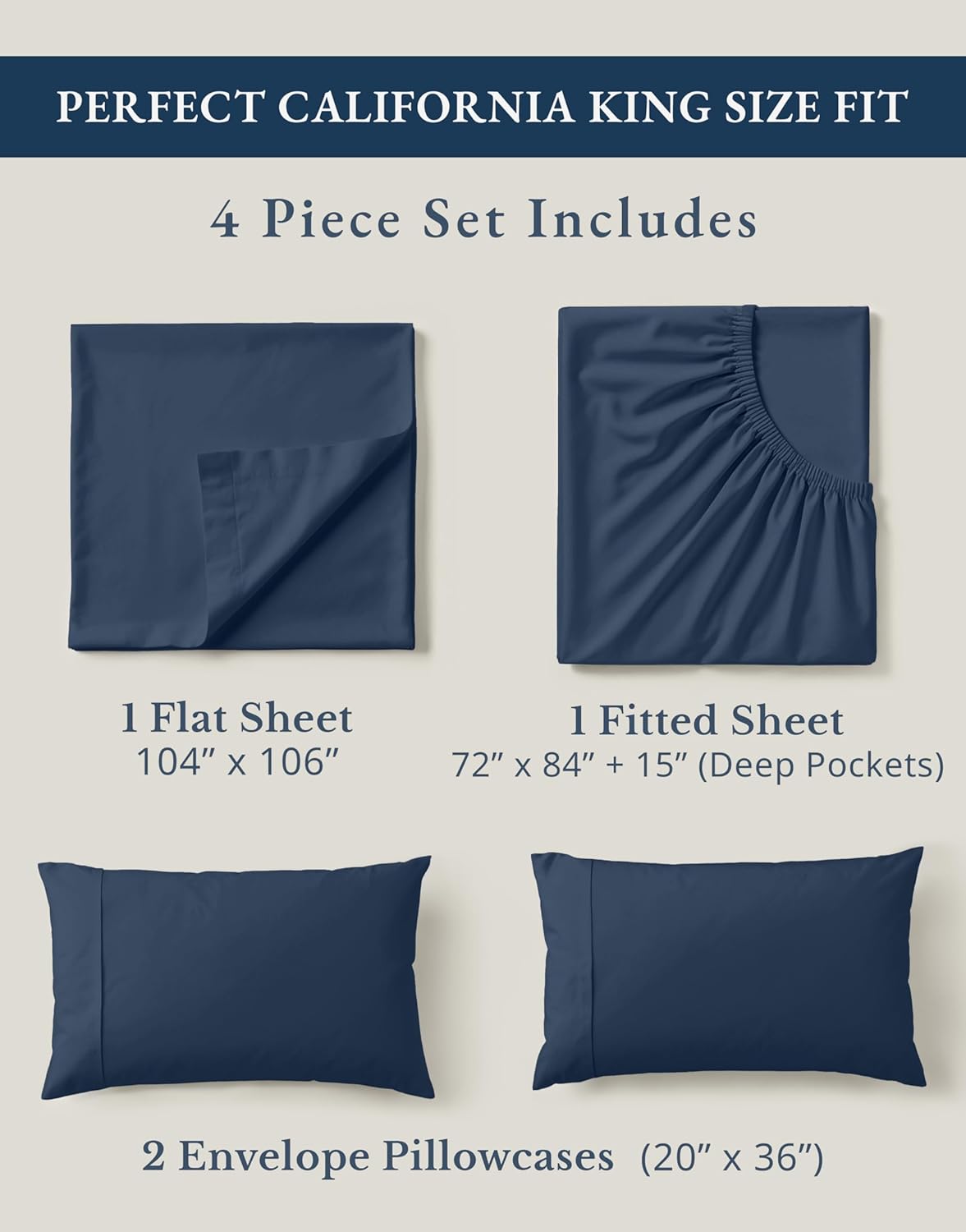 LANE LINEN 100% Organic Cotton California King Bed Sheets, 4-Piece Pure Percale Sheets Soft Breathable Cotton Bed Sheets, Deep Cal King Sheets for Thick Mattress - Navy