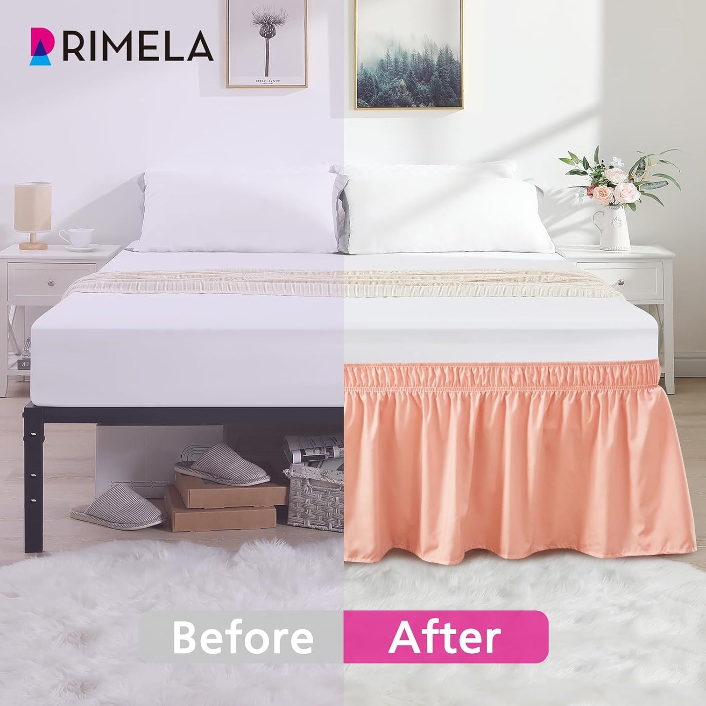 RIMELA Peachy Coral Bed Skirt Queen Size 15 Inch Drop, Wrap Around Elastic Bedskirt, Dust Ruffle for Adjustable Bed Base Machine Washable Easy to Install Bed Skirts